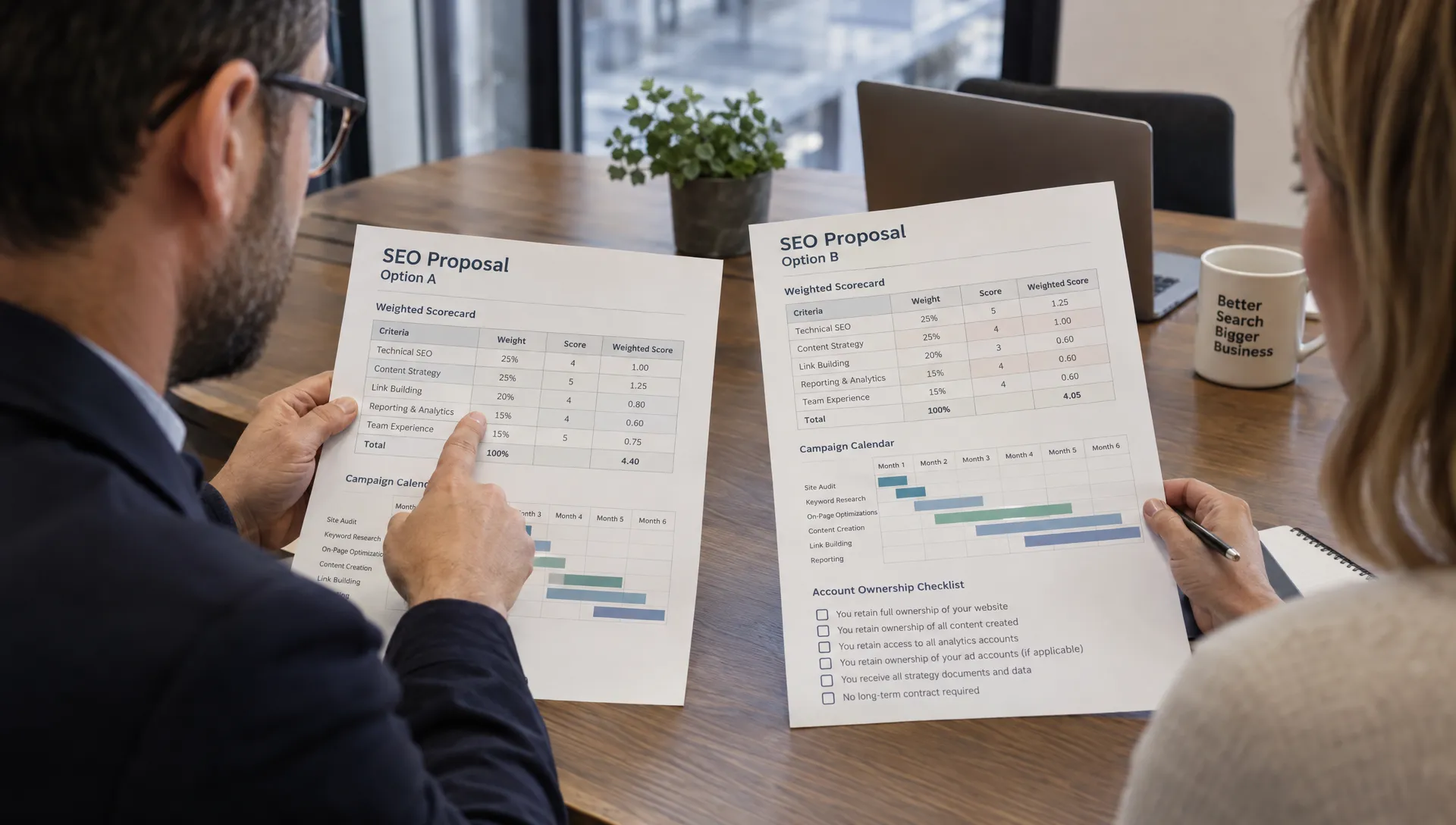 A business owner and consultant compare SEO proposals, reviewing a weighted scorecard, campaign calendar and account checklist.