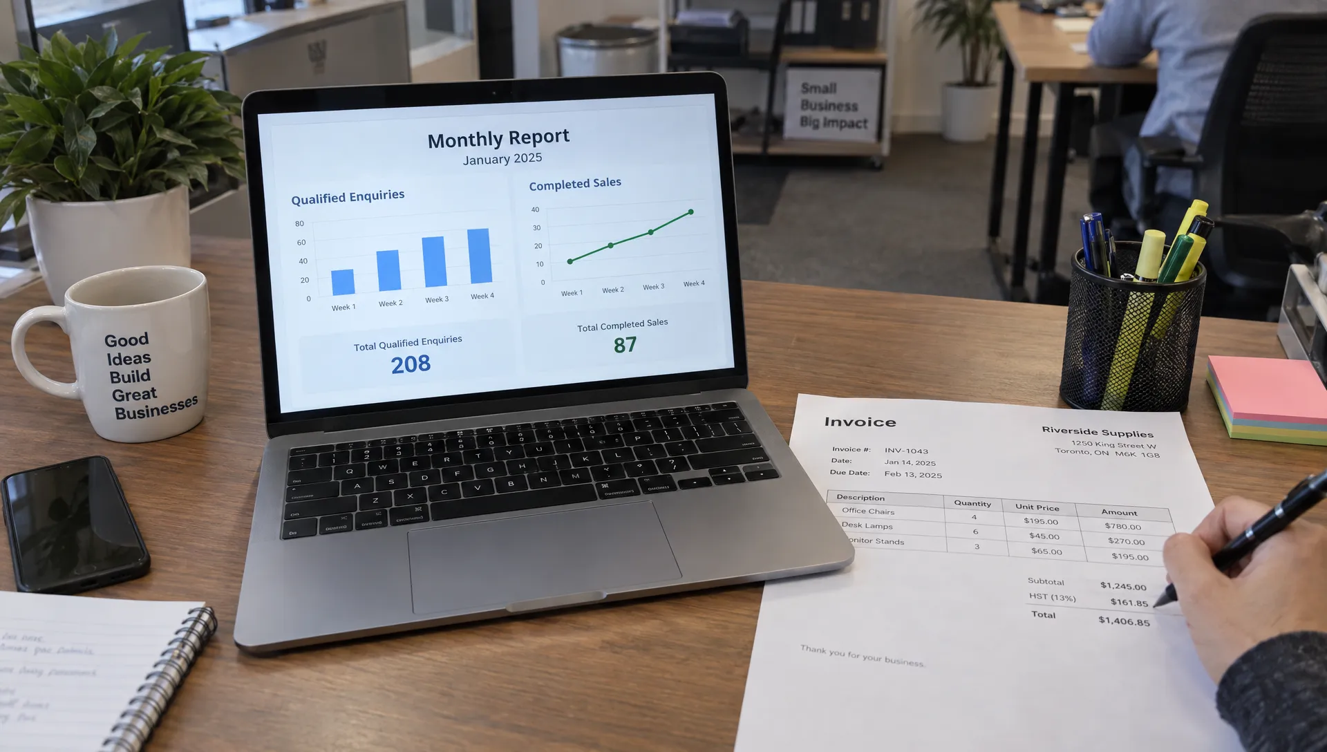 A business owner checks a monthly SEO report and invoice to judge whether search engine optimization services are paying off.