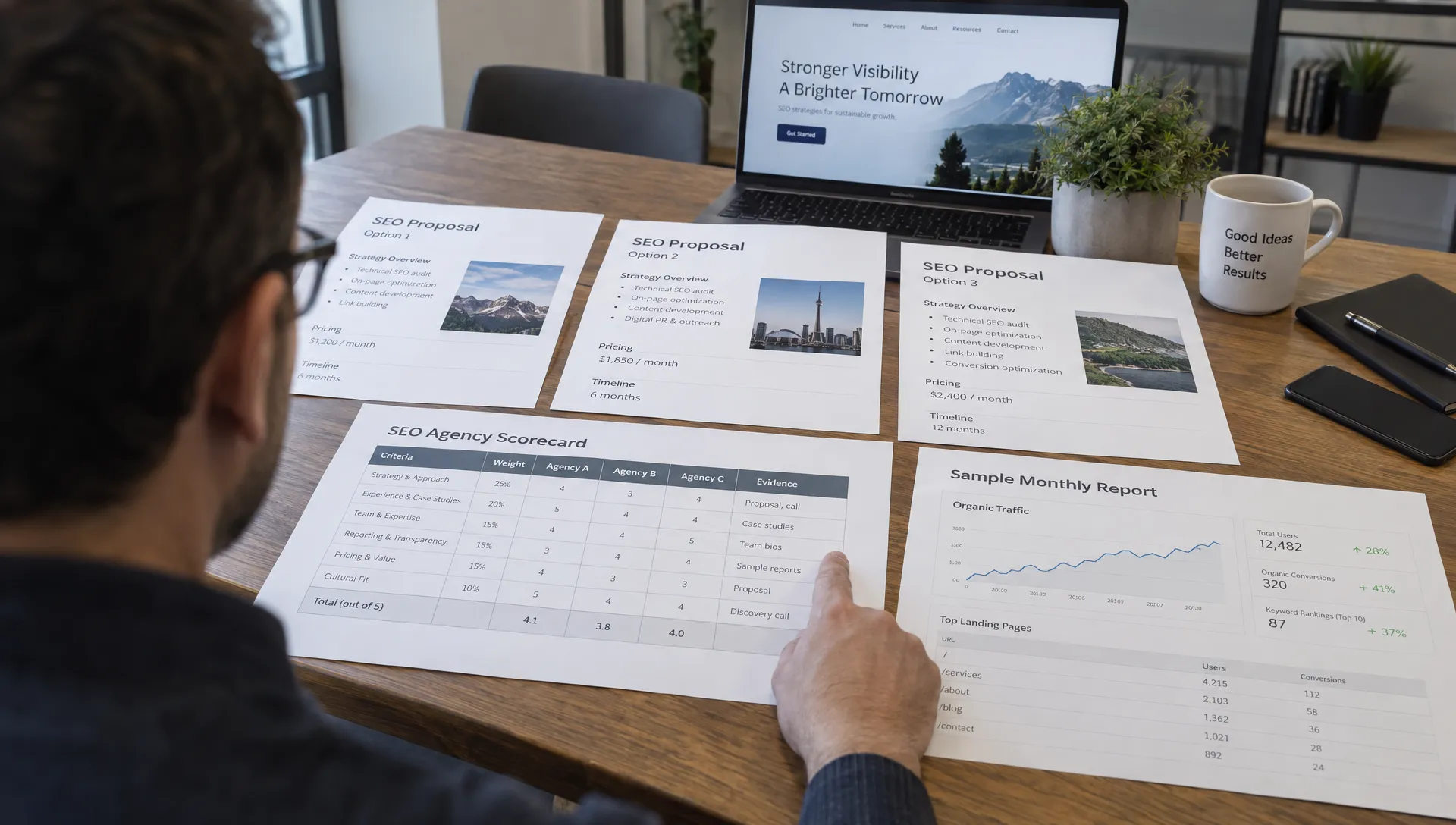 A business owner compares SEO providers using three proposals, a weighted scorecard and a sample monthly report.