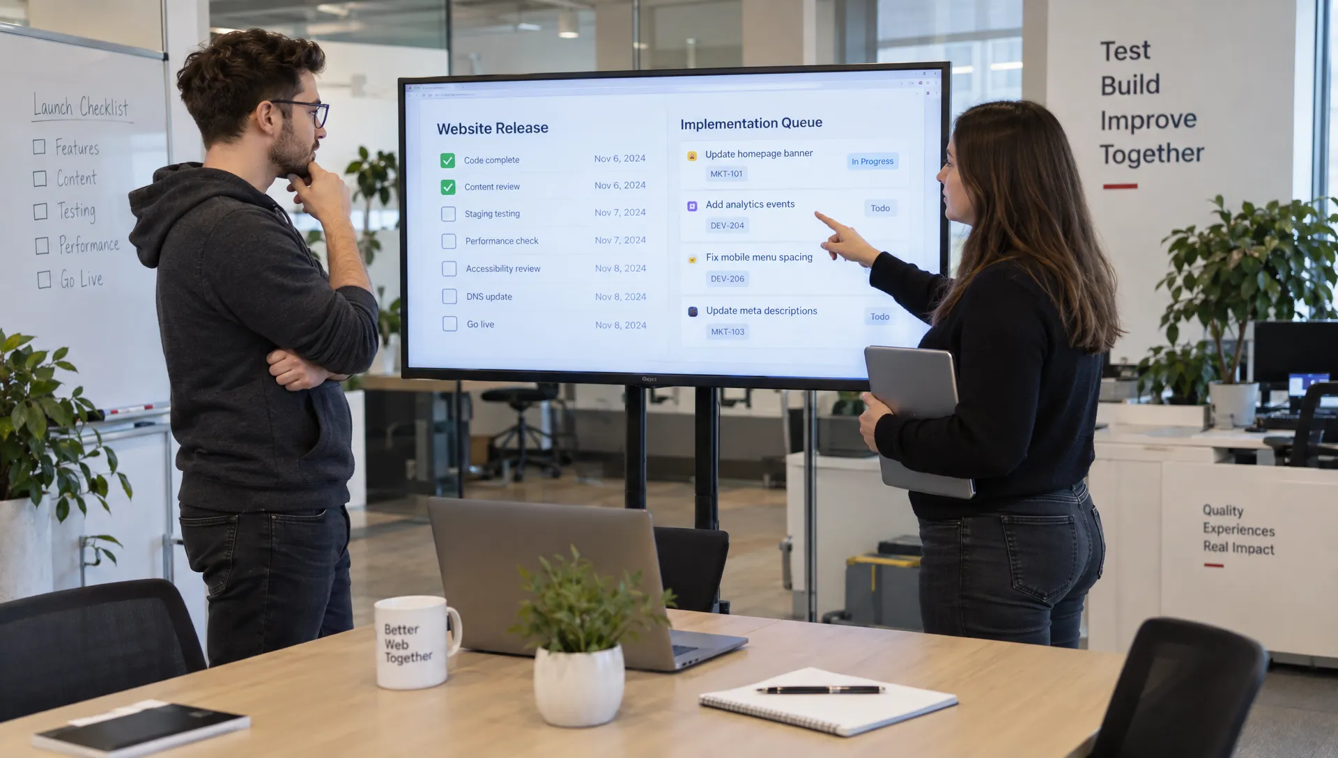A developer and marketing manager review release checks and implementation tickets for technical SEO services.