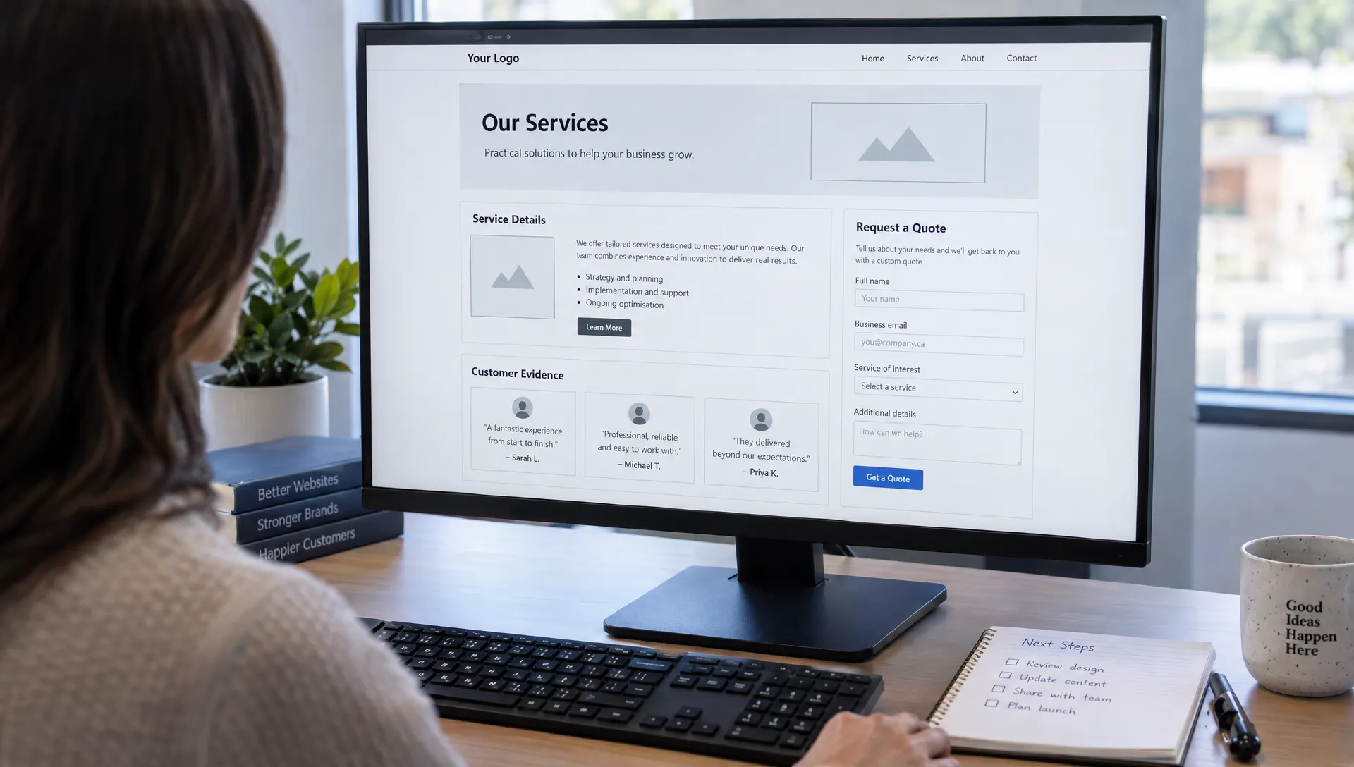 A service-page wireframe lays out a clear title, service details, customer evidence and a quote request form.