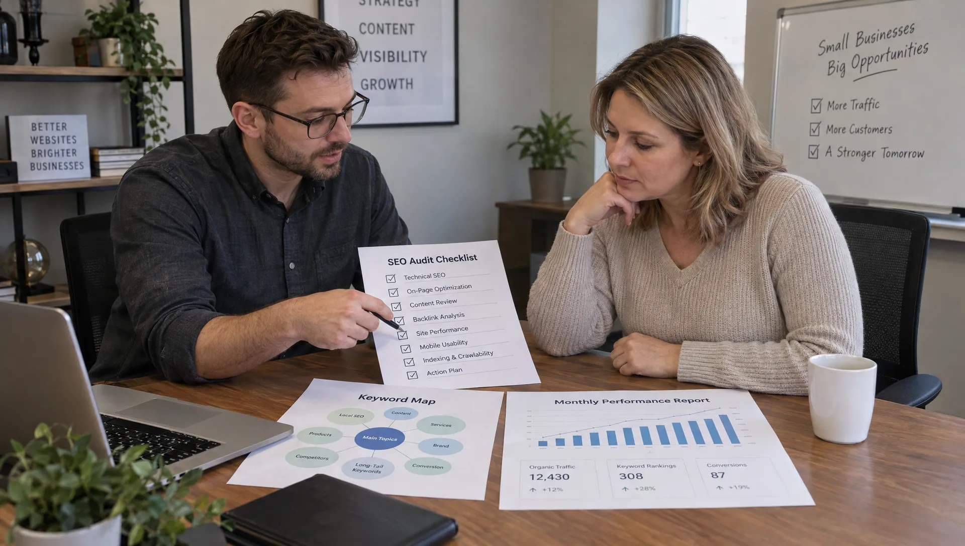 A small business owner and SEO consultant review an audit checklist, keyword map and performance report in a proposal meeting.